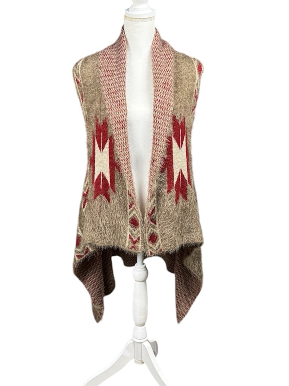Boho Southwestern Aztec Open Front Draped Knit Vest Cardigan